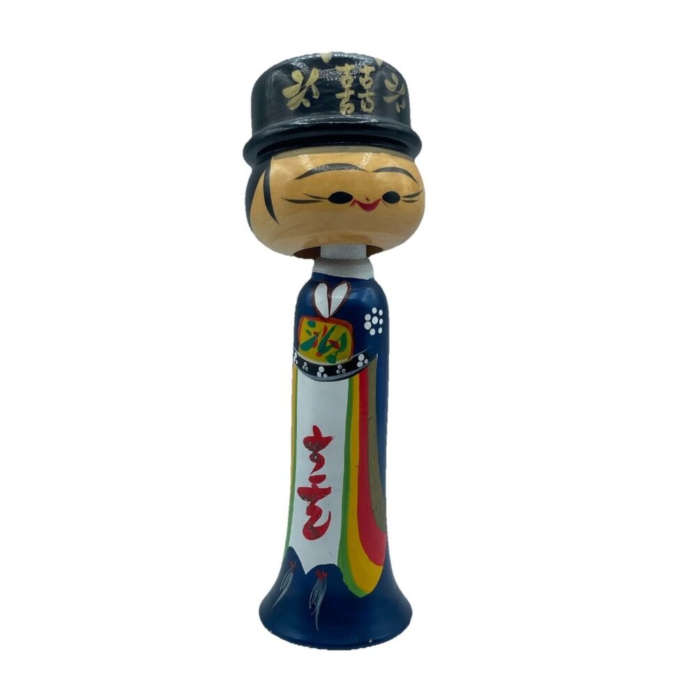 Vintage Japanese Wood Kokeshi Bobblehead Turn Nodder Man Doll Handmade Folk Art